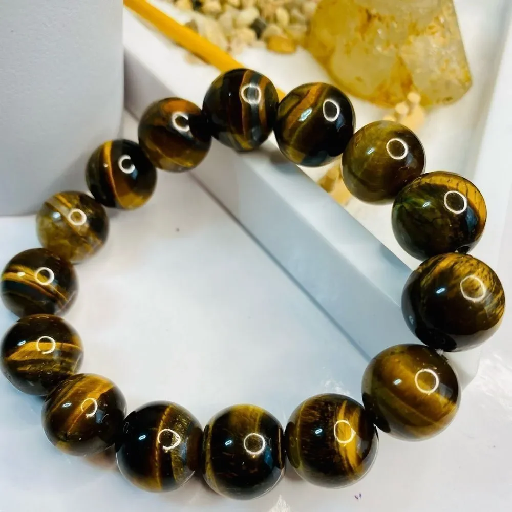 Natural Yellow Tiger's Eye Large Bead Gemstone Bracelet 14mm